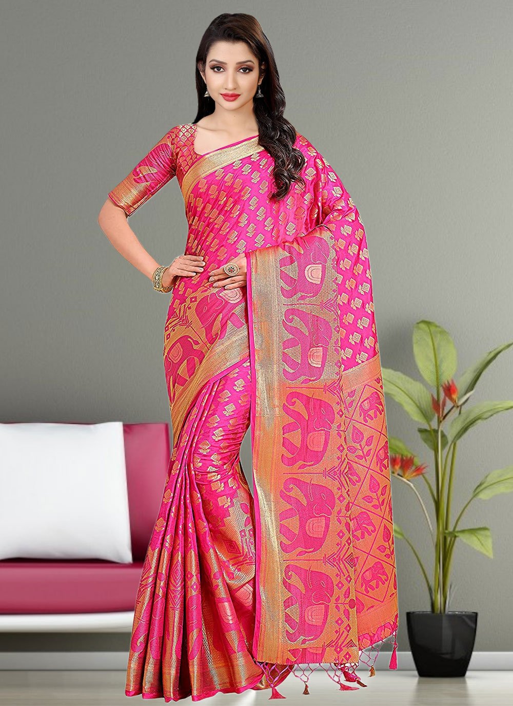 Closet mix Off-white and Pink Zari Border Saree With Blouse – Bahuji -  Online Fashion & Lifestyle Store