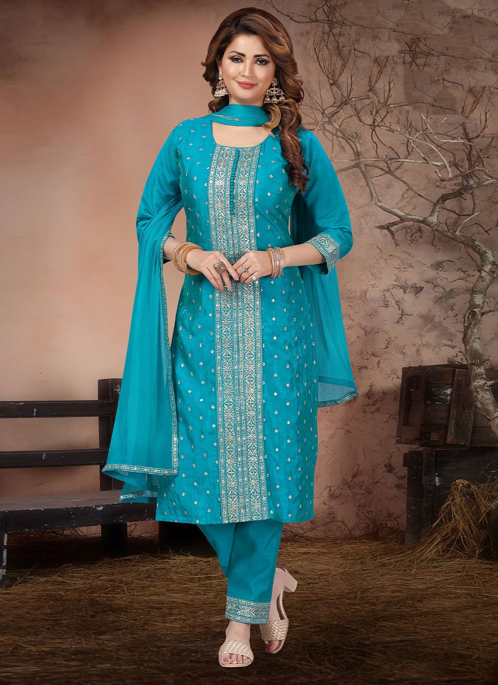 Silk Straight Salwar Suit in Blue