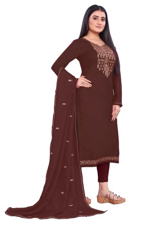 Silk Straight Salwar Suit in Brown