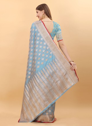 Silk Weaving Aqua Blue Contemporary Saree