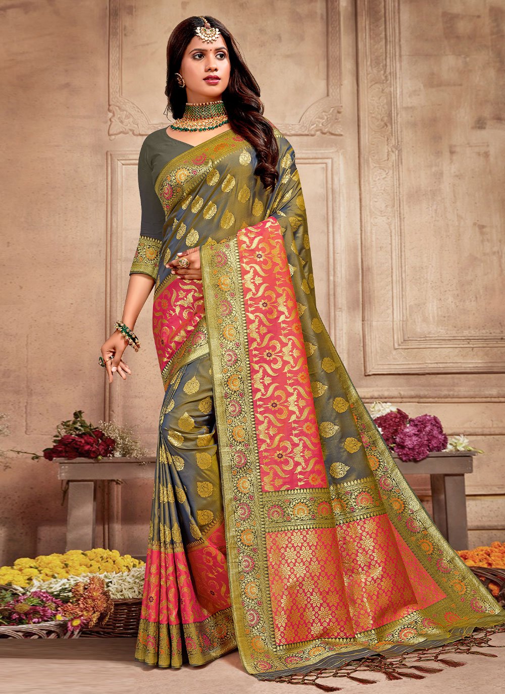 Silk Weaving Green Saree