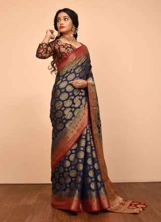Silk Weaving Navy Blue Contemporary Saree