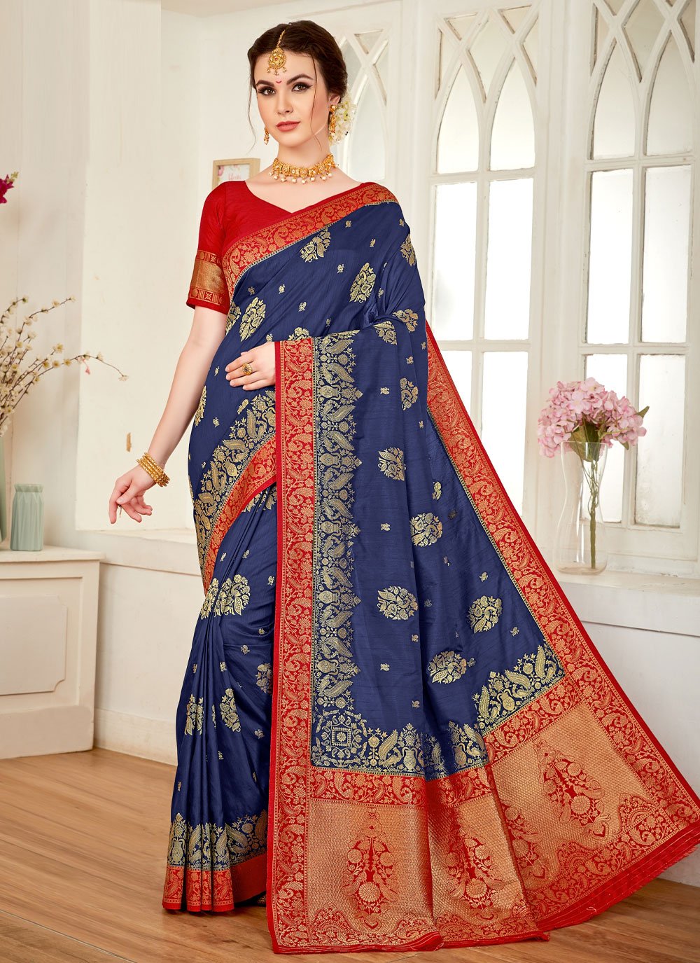 Silk Weaving Navy Blue Saree