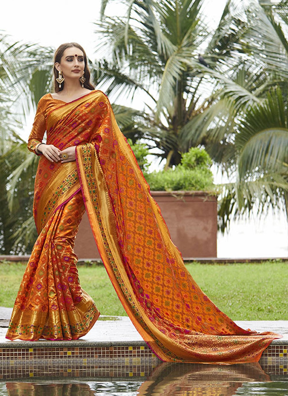 Silk Weaving Orange Traditional Saree
