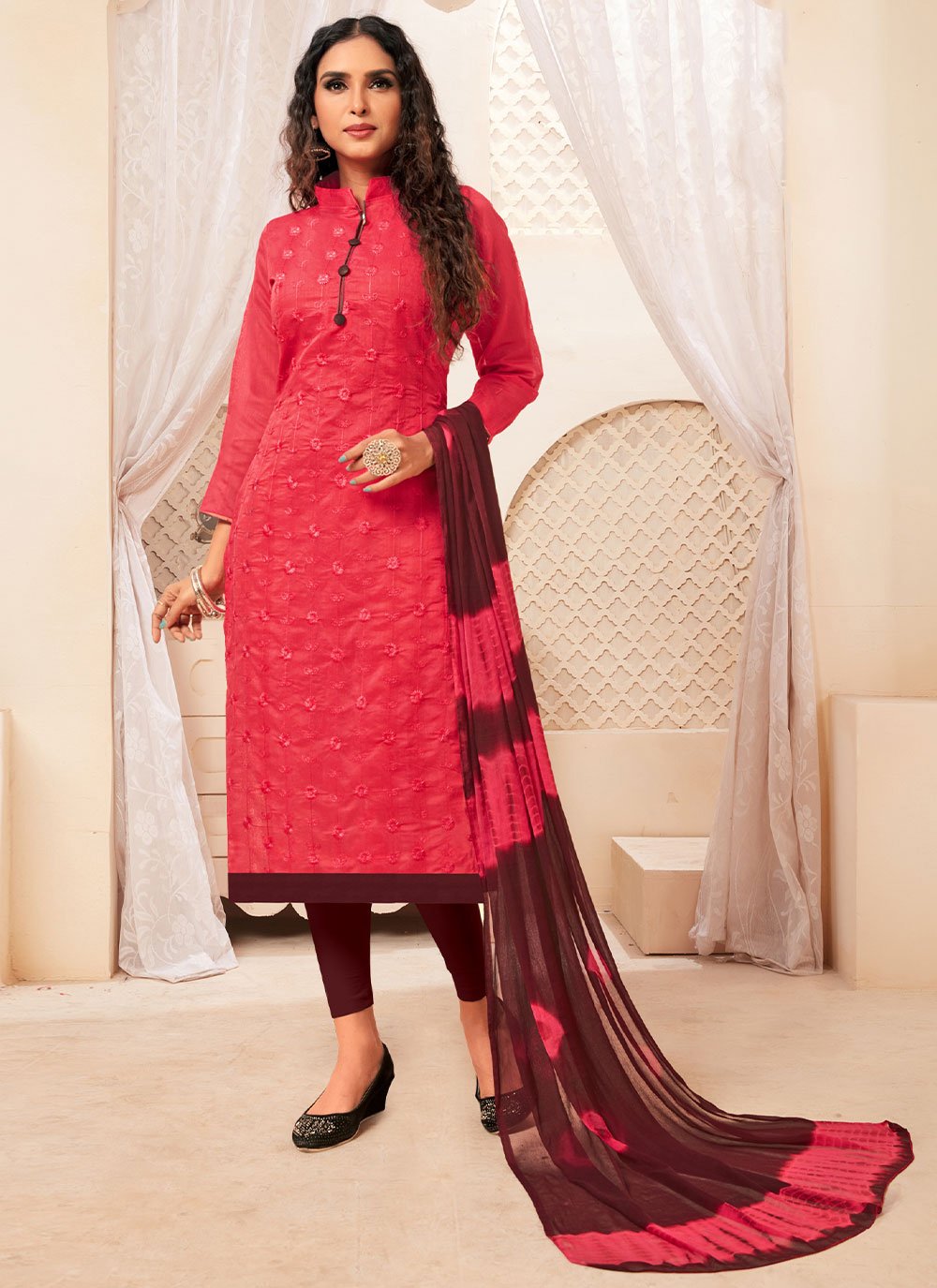 Silk Weaving Salwar Suit in Red