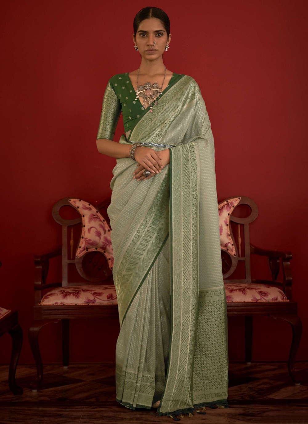 Silk Weaving Sea Green Contemporary Saree