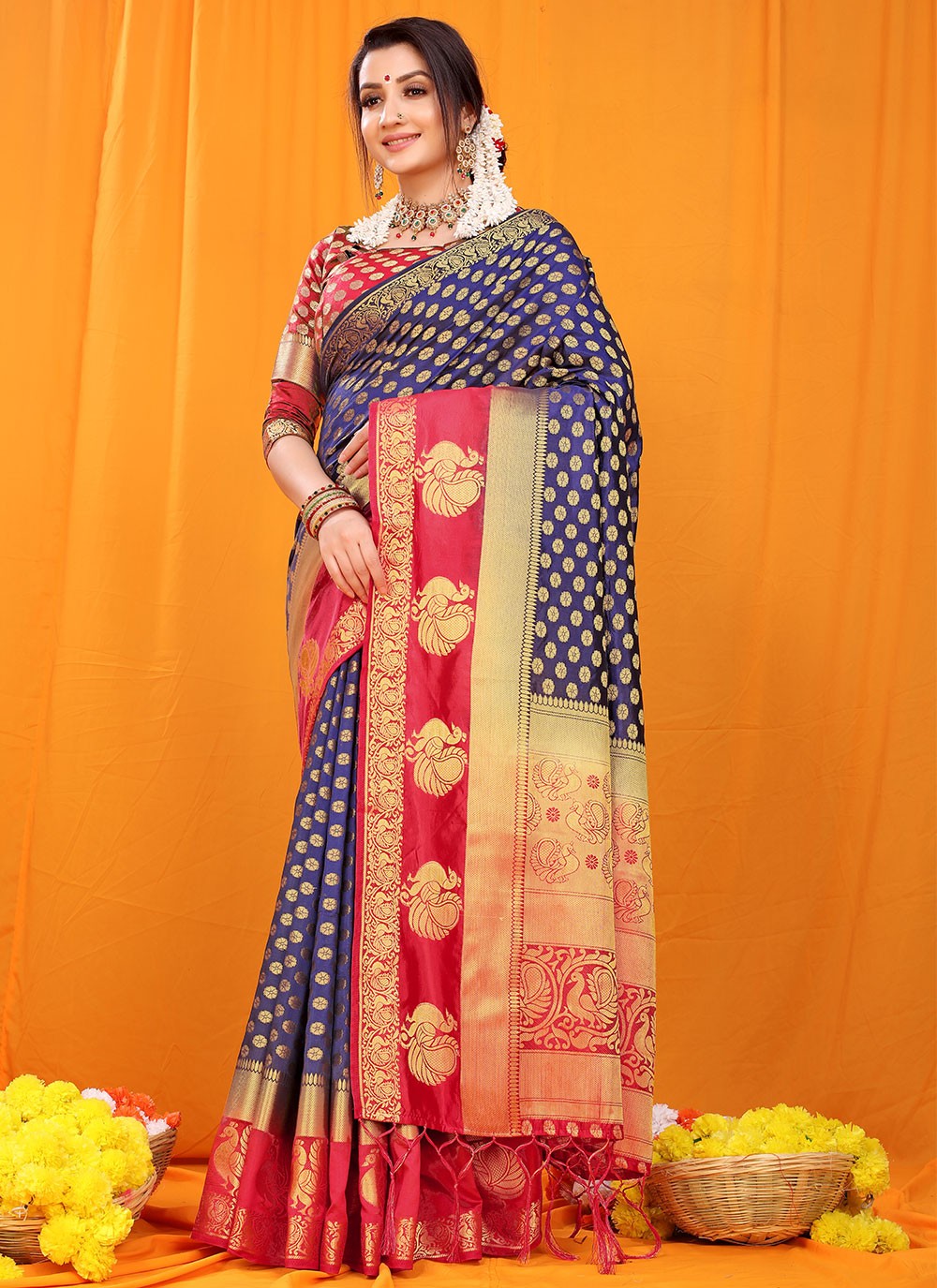 Silk Weaving Traditional Saree in Navy Blue
