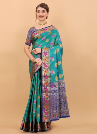 Silk Weaving Traditional Saree in Turquoise