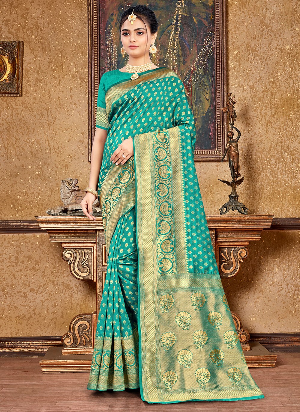 Silk Weaving Turquoise Traditional Saree