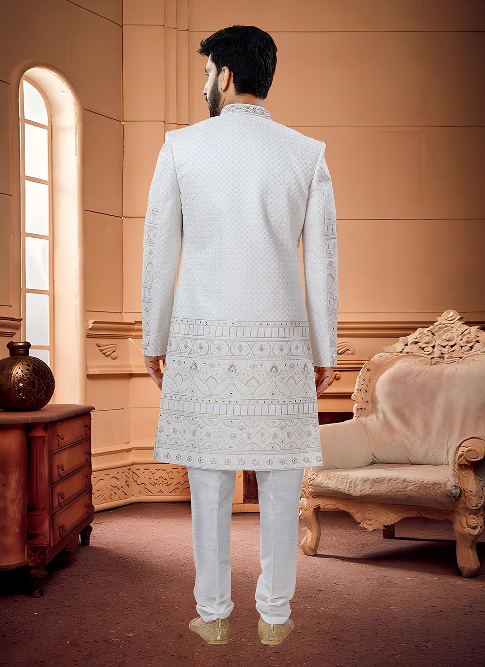 Buy Online Silk White Indo Western Sherwani 240874