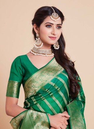 Silk Woven Contemporary Style Saree in Green