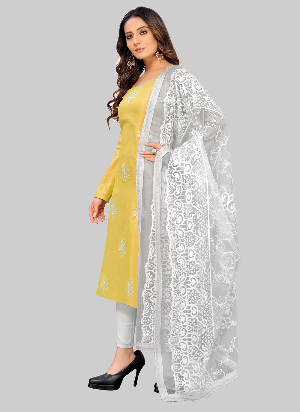 Silk Yellow Embroidered Pant Style Suit