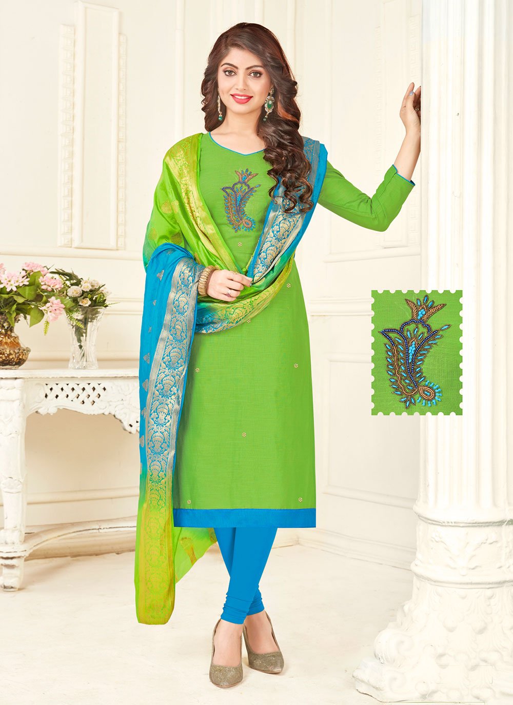 South Cotton Designer Straight Salwar Suit in Green