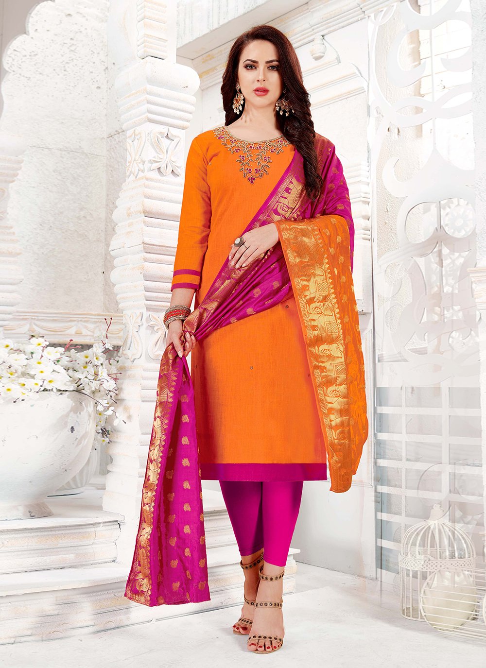 South Cotton Orange Churidar Salwar Suit