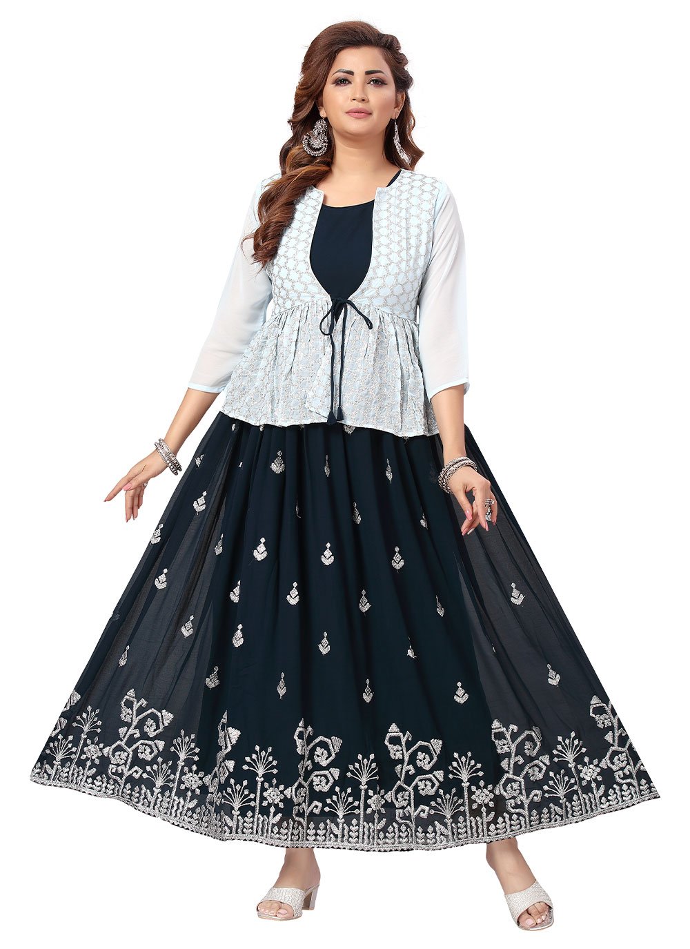 Stone Georgette Trendy Gown in Navy Blue