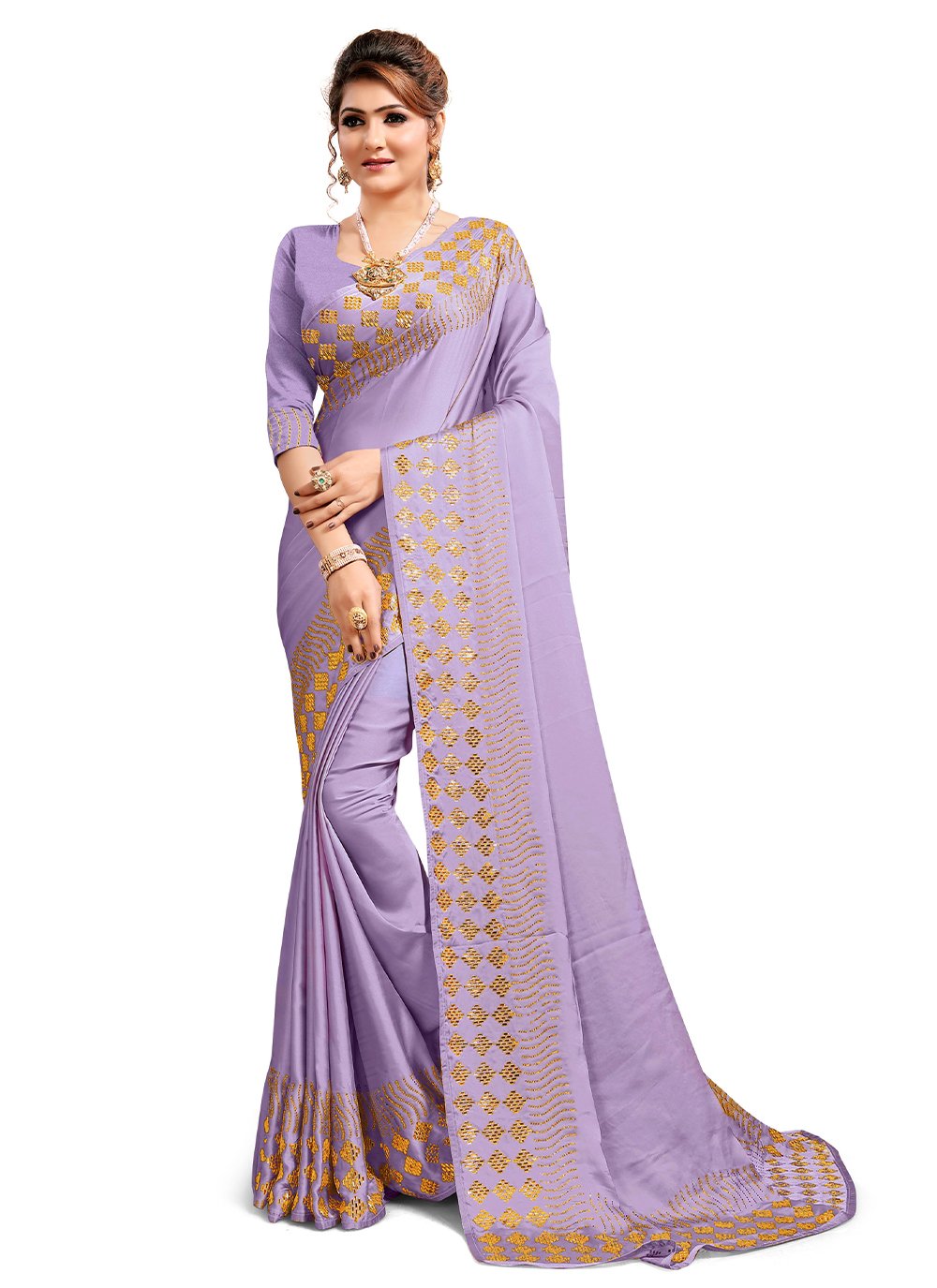 Stone Lavender Silk Designer Saree