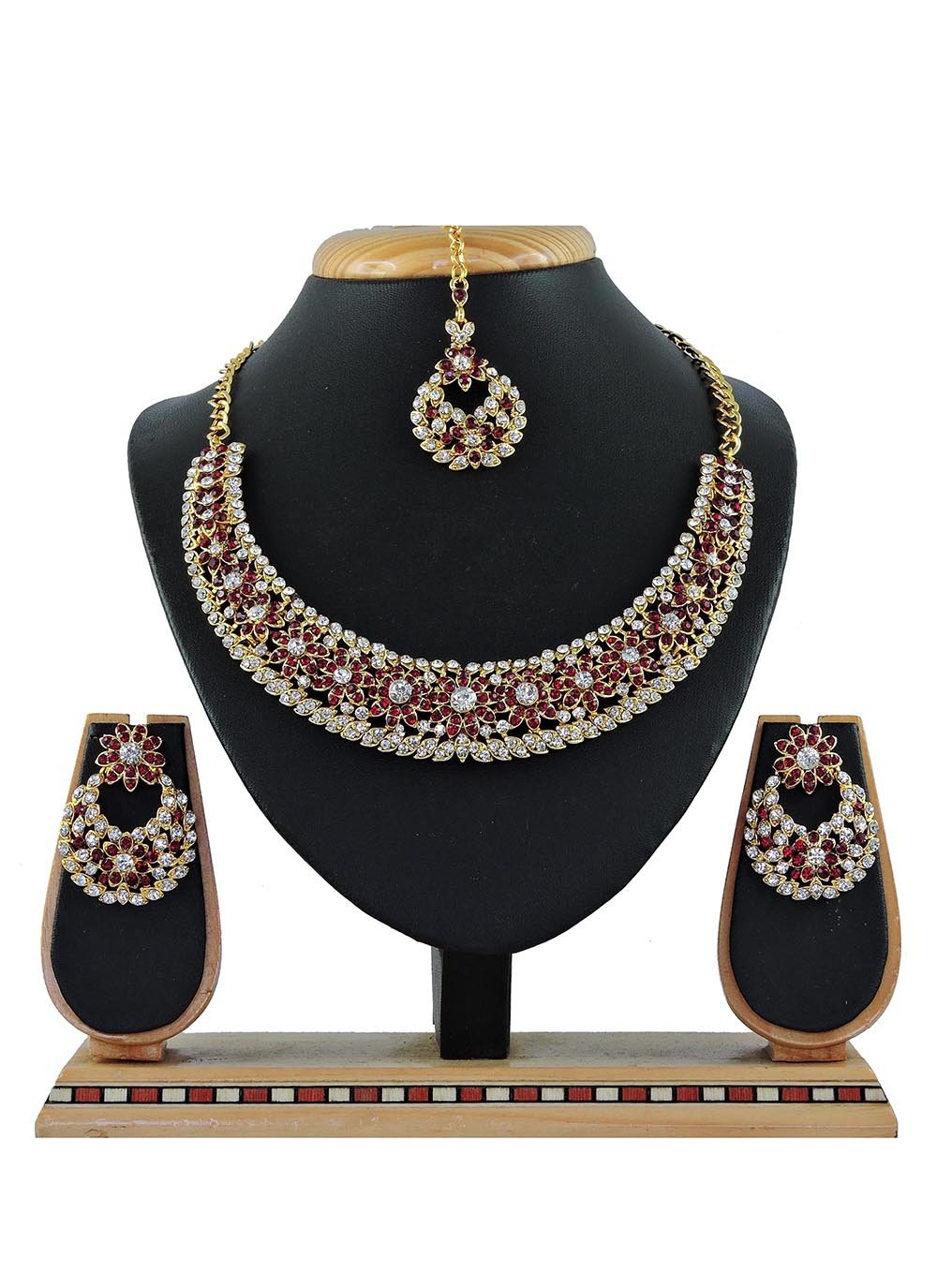 Stone Work Necklace Set in Maroon