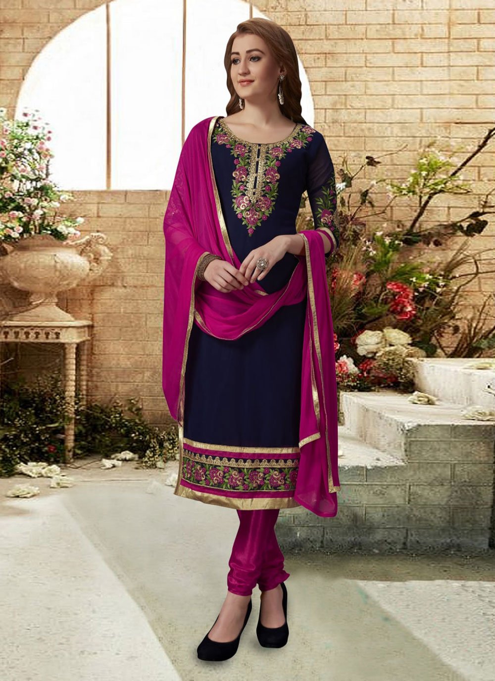 Straight Pakistani Suit Embroidered Georgette in Blue