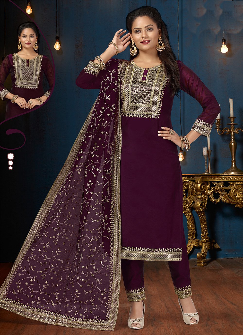 Straight Salwar Kameez Embroidered Silk in Purple