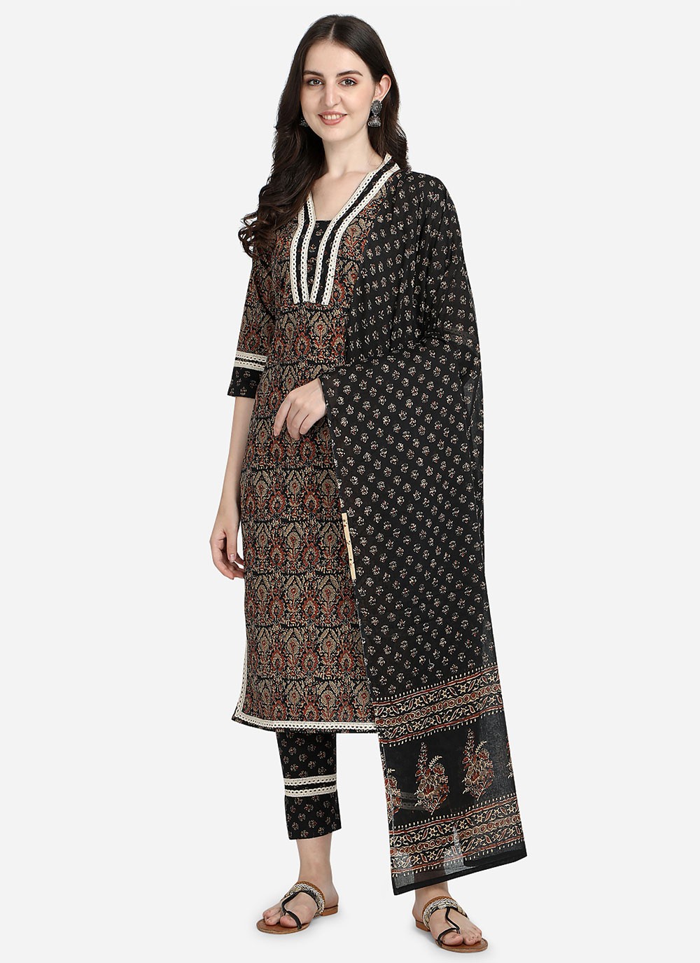 Straight Salwar Suit Block Print Cotton in Black