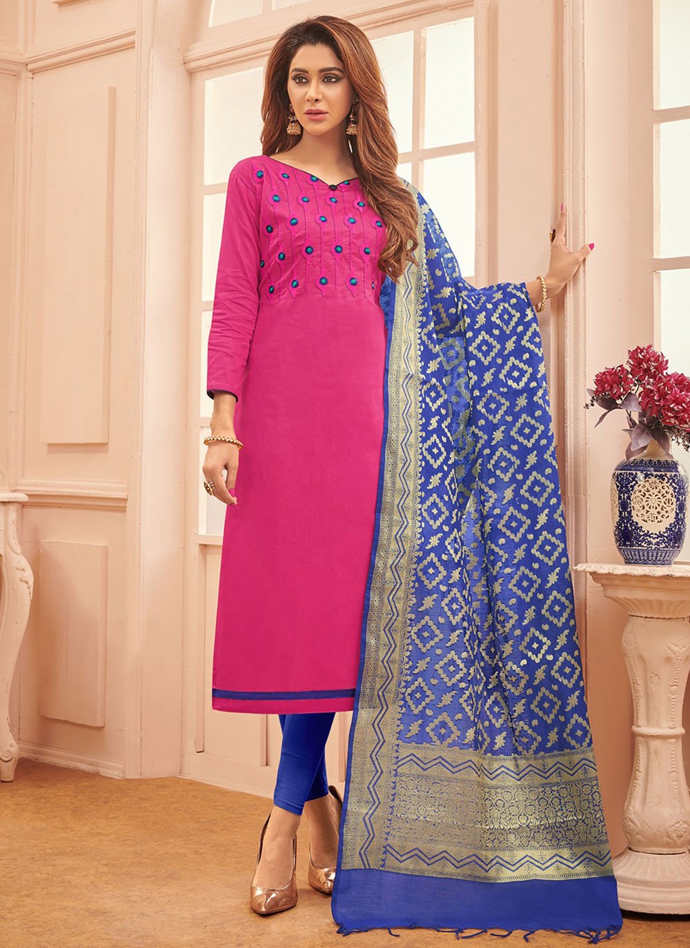 Straight Salwar Suit Plain Cotton in Pink