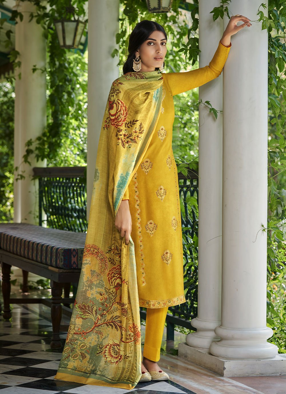 Straight Salwar Suit Weaving Jacquard Silk in Yellow