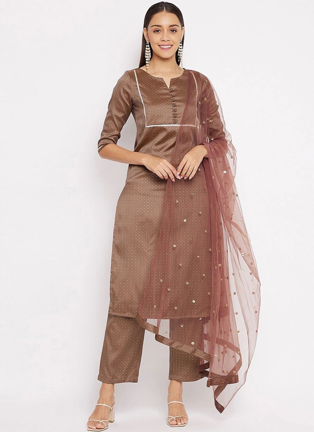 Stripe Print Silk Readymade Salwar Kameez in Brown