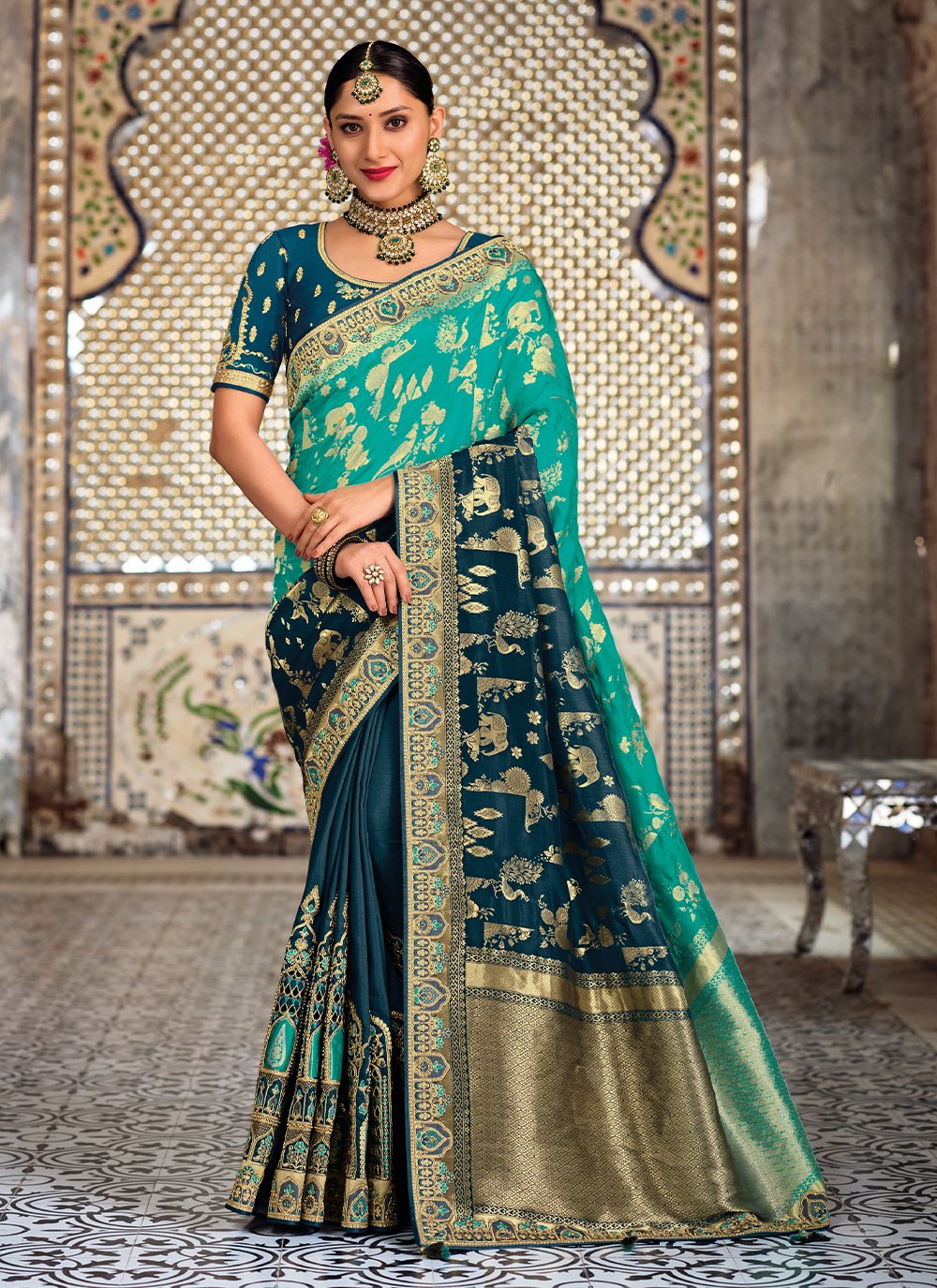Teal and Turquoise Wedding Shaded Saree