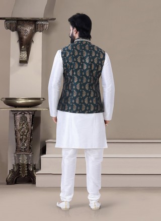 Teal and White Embroidered Festival Kurta Payjama With Jacket