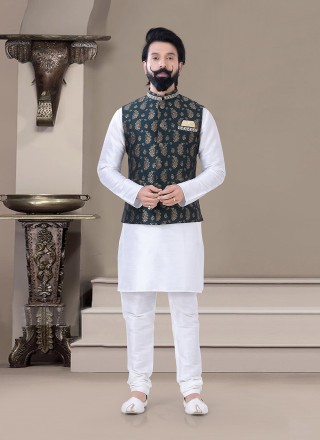 Teal and White Embroidered Festival Kurta Payjama With Jacket