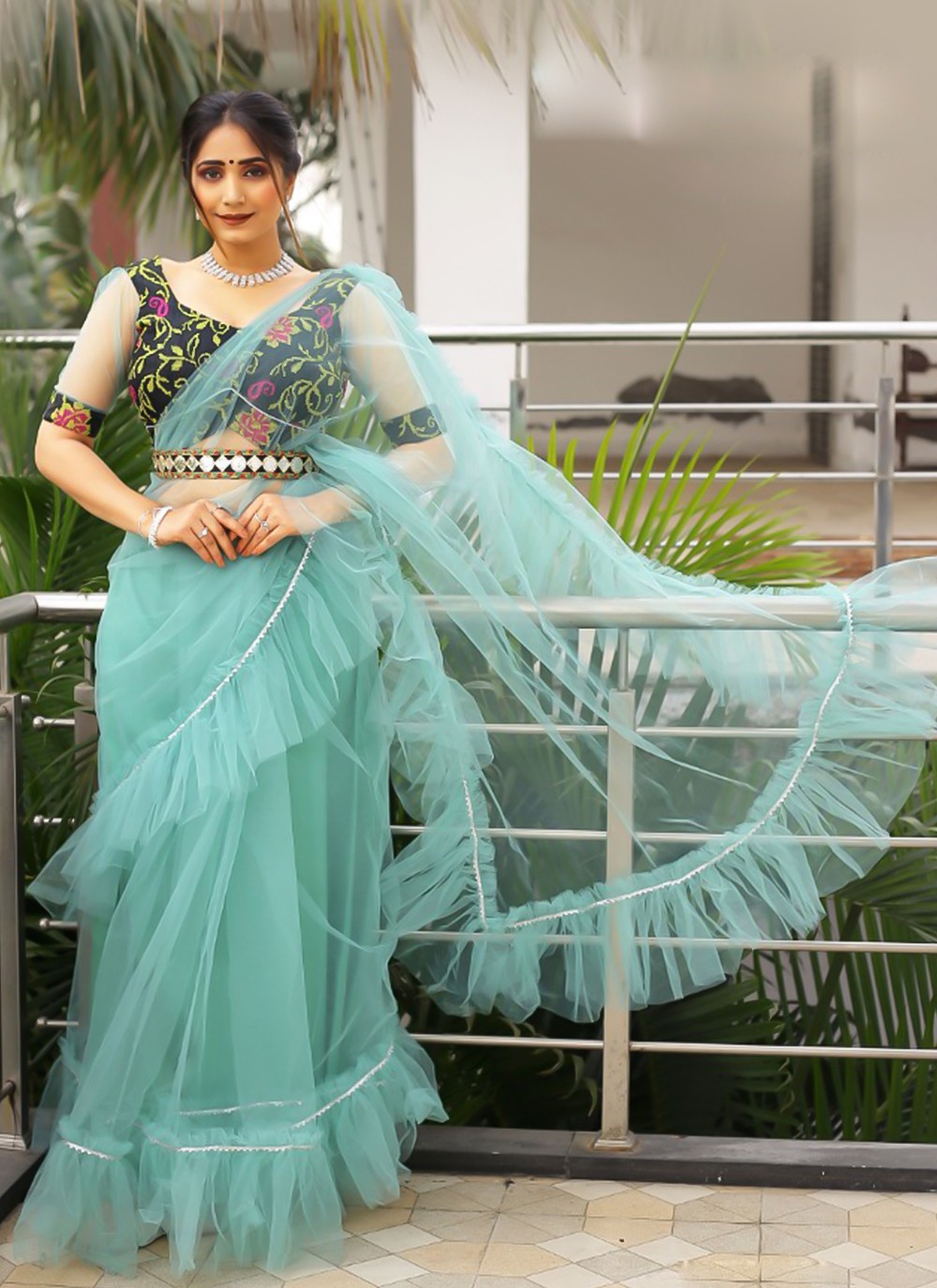 Buy INDYA Green Shraddha Kapoor For Indya Green Polka Foil Ruffled Sari  Skirt | Shoppers Stop