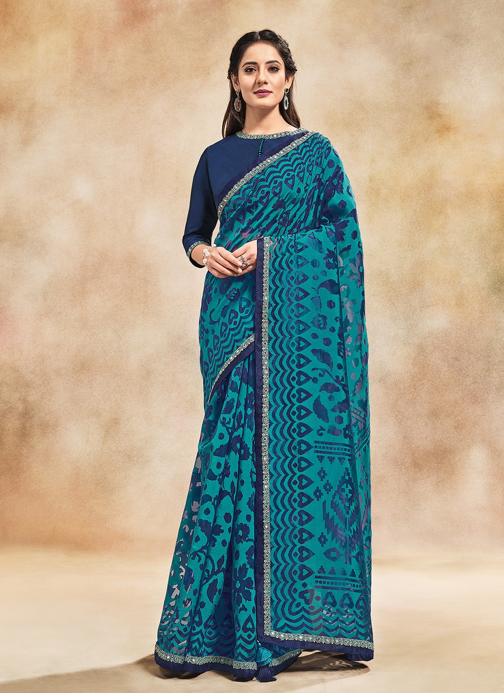 Teal Cord Contemporary Style Saree