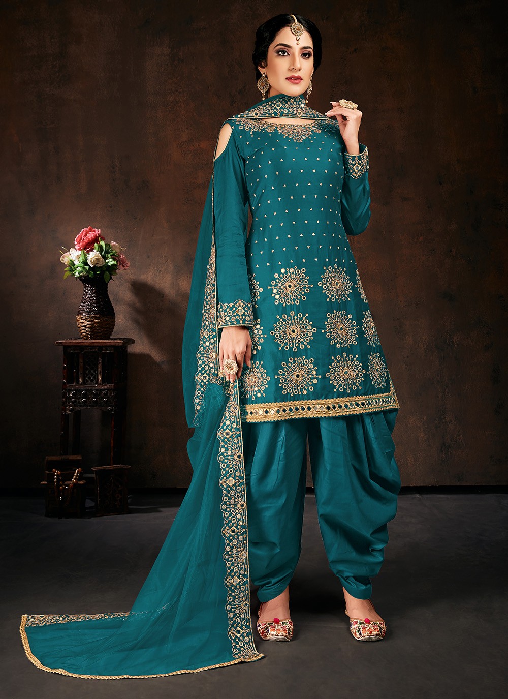 Teal Cotton Engagement Punjabi Suit