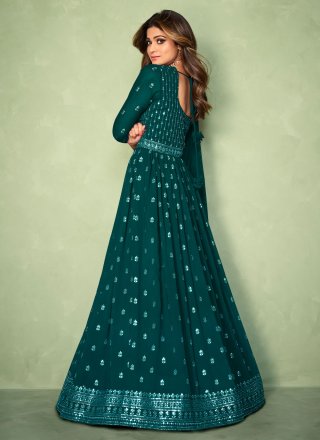 Teal Embroidered Ceremonial Readymade Salwar Suit