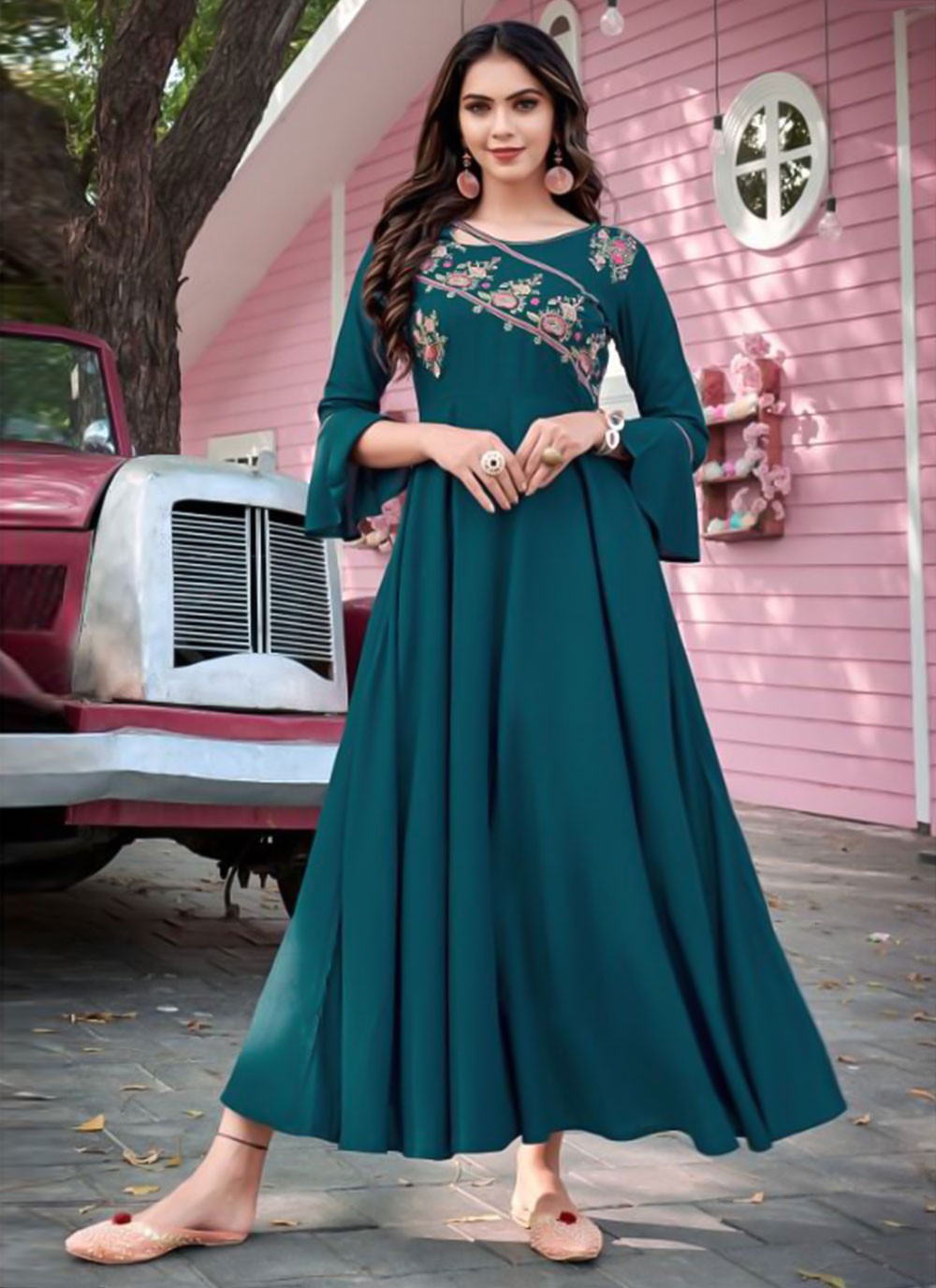 Teal Embroidered Rayon Readymade Designer Gown