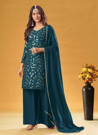 Teal Embroidered Readymade Salwar Suit