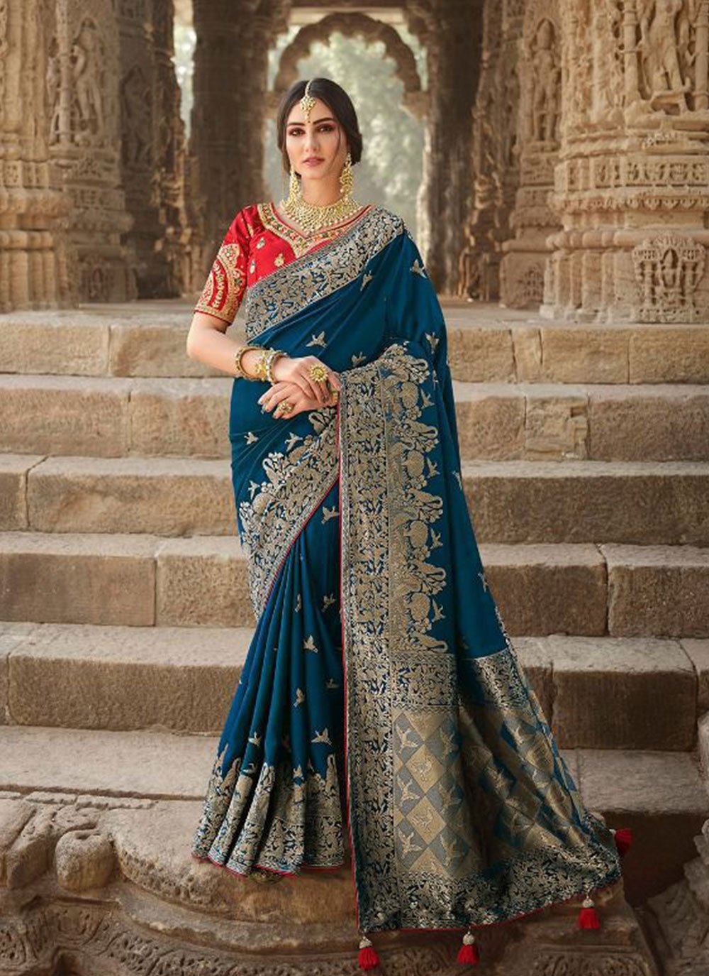 Teal Embroidered Silk Designer Traditional Saree