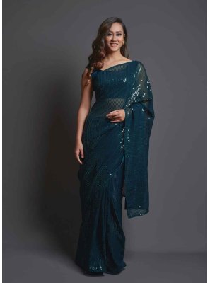 Teal Faux Georgette Sequins Classic Saree