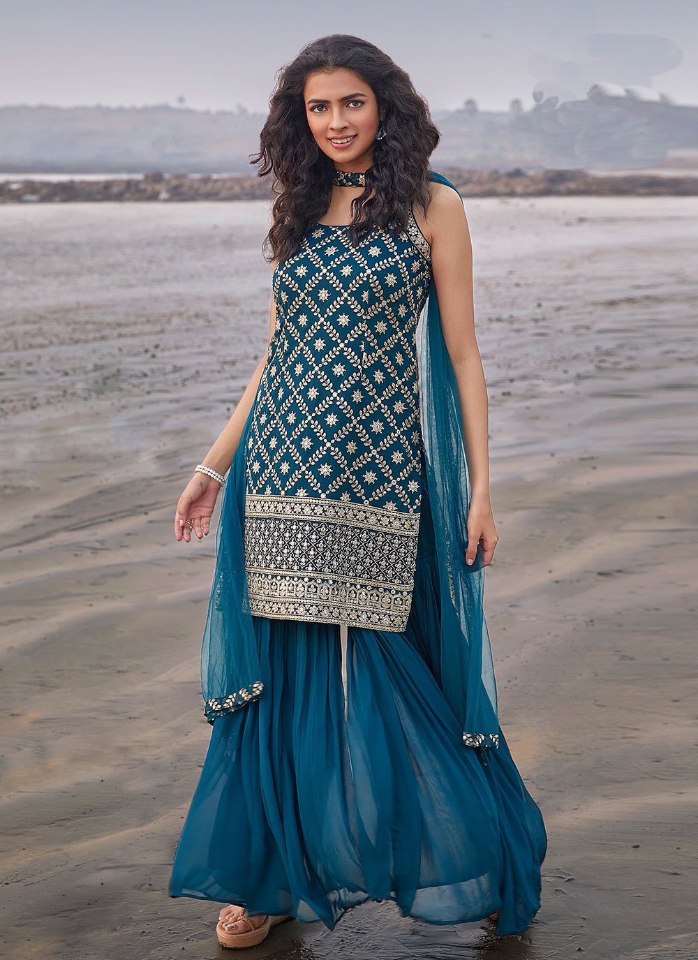 Teal Georgette Embroidered Readymade Salwar Suit