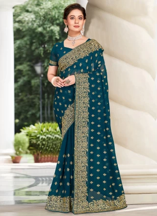 Teal Georgette Wedding Contemporary Saree