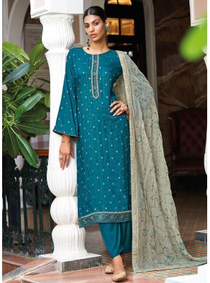 Teal Jacquard Embroidered Designer Pakistani Salwar Suit