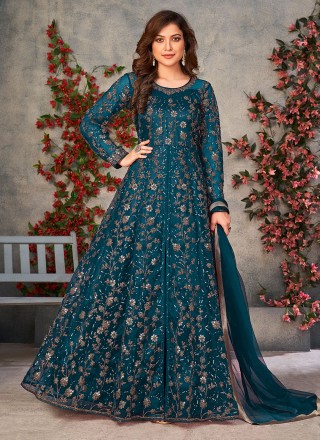 Green chanderi readymade suit with floral embroidered neck & unique motifs  top,straight cut pants & double-color dupatta