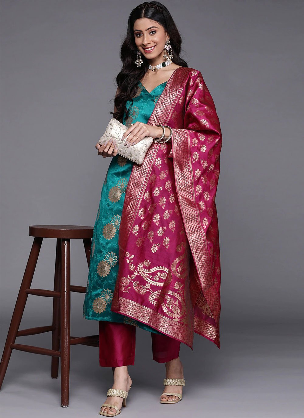 Teal Party Art Silk Trendy Salwar Suit