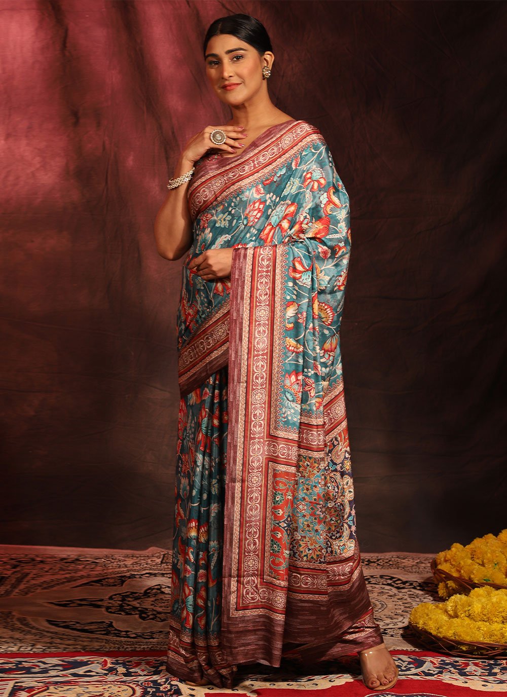 Teal Printed Casual Traditional Saree