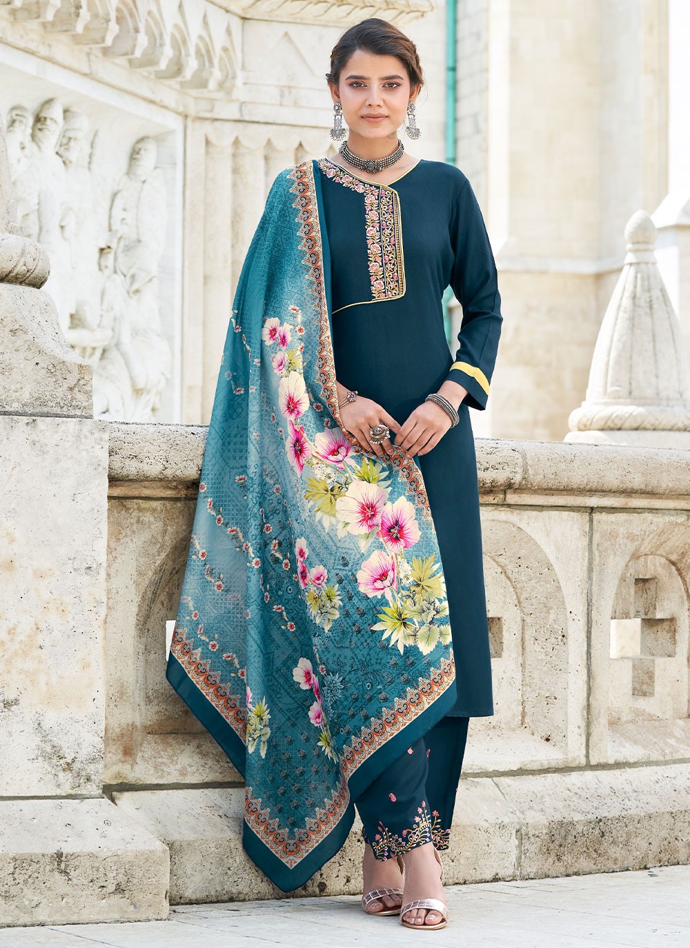 Teal Rayon Embroidered Trendy Salwar Suit