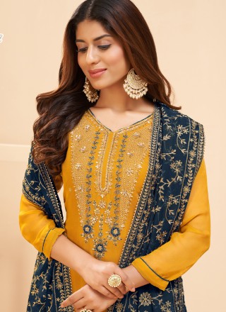 Thread Georgette Pakistani Straight Salwar Suit in Yellow