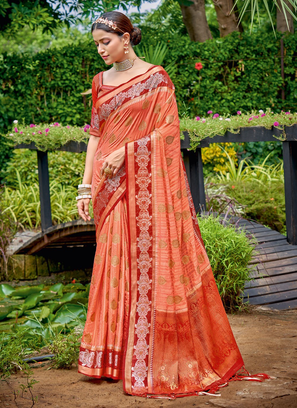 Traditional Saree Embroidered Banarasi Silk in Peach