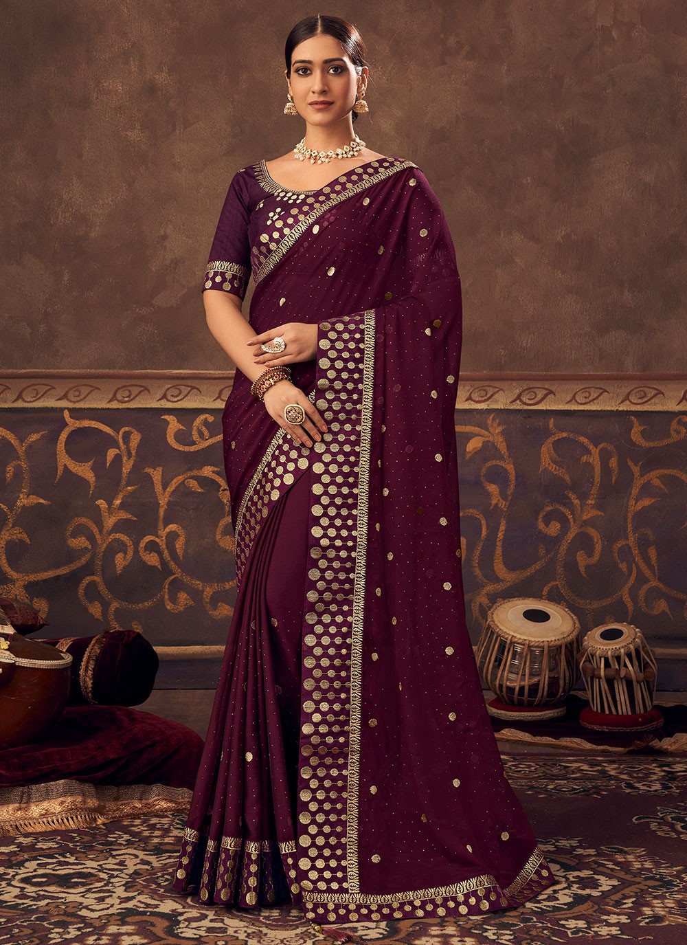 Traditional Saree Embroidered Chinon in Wine