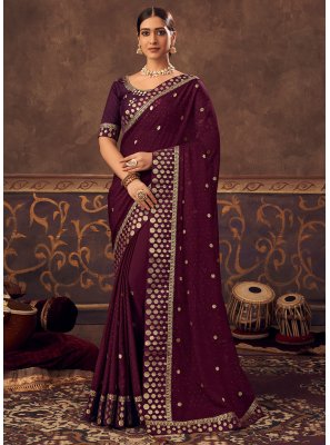 Traditional Saree Embroidered Chinon in Wine