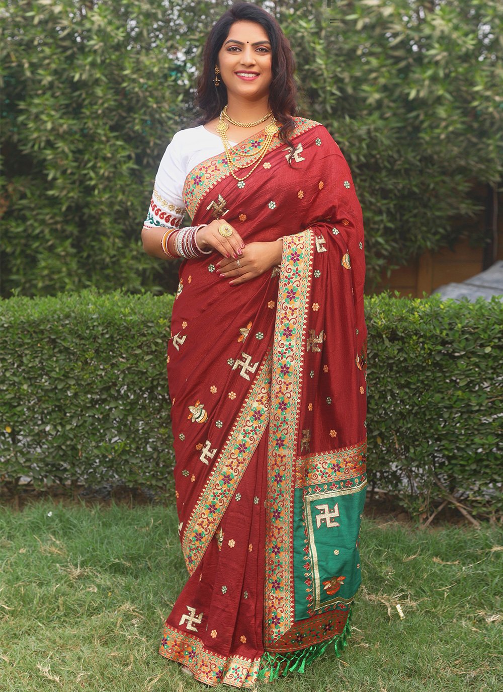 Traditional Saree Embroidered Vichitra Silk in Maroon